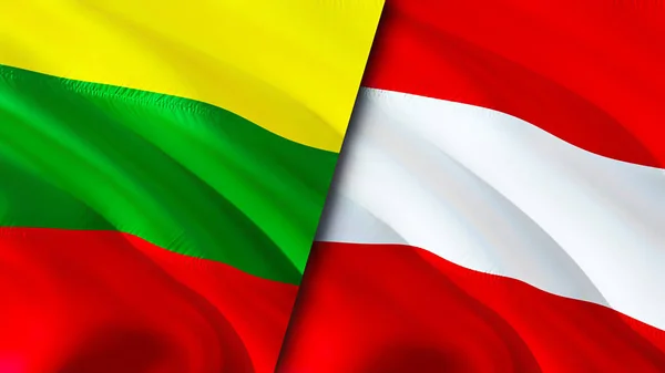 Lithuania and Austria flags. 3D Waving flag design. Lithuania Austria flag, picture, wallpaper. Lithuania vs Austria image,3D rendering. Lithuania Austria relations alliance and Trade,travel,touris