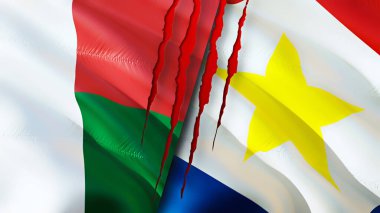 Madagaskar ve Saba Adası bayrakları yara izi konseptiyle. Dalgalanan bayrak, 3 boyutlu görüntüleme. Madagaskar ve Saba Adası çatışma konsepti. Madagaskar Saba Adası ilişkileri kavramı. Madagaskar ve Sab bayrağı