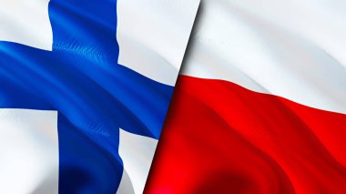 Finlandiya ve Polonya bayrakları. 3 boyutlu dalgalanan bayrak tasarımı. Finlandiya Polonya bayrağı, resim, duvar kağıdı. Finlandiya, Polonya 'ya karşı imaj, 3D görüntüleme. Finlandiya Polonya ilişkileri ittifak ve ticaret, seyahat ve turizm kavramları