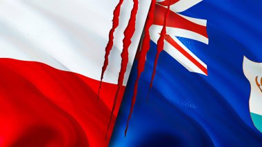 Polonya ve Anguilla yara izi olan bayraklar. Dalgalanan bayrak, 3 boyutlu görüntüleme. Polonya ve Anguilla çatışma konsepti. Polonya Anguilla ilişkileri kavramı. Polonya bayrağı ve Anguilla krizi, savaş, saldırı konsepti