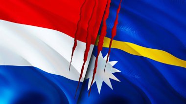 Hollanda ve yara izi olan Nauru bayrakları. Dalgalanan bayrak, 3 boyutlu görüntüleme. Hollanda ve Nauru çatışma konsepti. Hollanda Nauru ilişkileri kavramı. Hollanda bayrağı ve Nauru krizi, savaş, attac