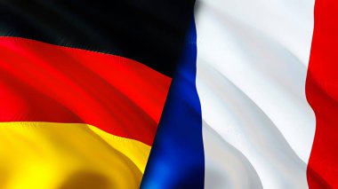 Almanya ve Fransa bayrakları. 3 boyutlu dalgalanan bayrak tasarımı. Almanya Fransa bayrağı, resim, duvar kağıdı. Almanya Fransa 'ya karşı, görüntü 3 boyutlu. Almanya Fransa ile ilişkiler ittifak ve ticaret, seyahat, turizm konsepti