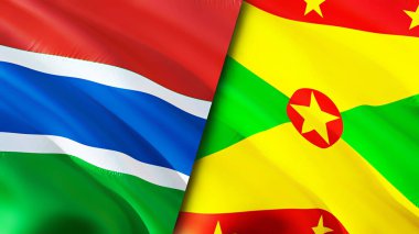 Gambiya ve Grenada bayrakları. 3 boyutlu dalgalanan bayrak tasarımı. Gambia Grenada bayrağı, resim, duvar kağıdı. Gambiya, Grenada 'ya karşı, görüntü 3 boyutlu. Gambiya Grenada ilişkileri ittifak ve ticaret, seyahat, turizm konsepti