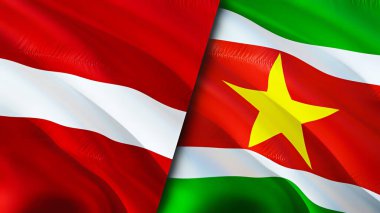 Letonya ve Surinam bayrakları. 3 boyutlu dalgalanan bayrak tasarımı. Letonya Surinam bayrağı, resim, duvar kağıdı. Letonya Surinam 'a Karşı Görüntü, 3 boyutlu canlandırma. Letonya Surinam ilişkileri ittifak ve ticaret, seyahat, turizm konsepti