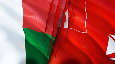 Madagaskar, Wallis ve Futuna bayrakları ve yara izi konsepti. Dalgalanan bayrak, 3 boyutlu görüntüleme. Madagaskar, Wallis ve Futuna çatışma konsepti. Madagaskar Wallis ve Futuna ilişkileri kavramı. bayrak o