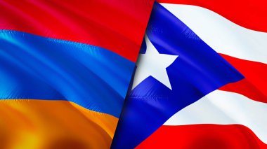 Ermenistan ve Porto Riko bayrakları. 3 boyutlu dalgalanan bayrak tasarımı. Ermenistan Porto Riko bayrağı, resim, duvar kağıdı. Ermenistan, Porto Riko 'ya karşı, görüntü 3 boyutlu. Ermenistan Porto Riko İlişkiler Birliği ve