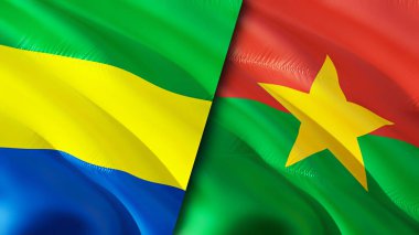 Gabon ve Burkina Faso bayrakları. 3 boyutlu dalgalanan bayrak tasarımı. Gabon Burkina Faso bayrağı, resim, duvar kağıdı. Gabon, Burkina Faso 'ya karşı, görüntü 3 boyutlu. Gabon Burkina Faso İlişkiler Birliği