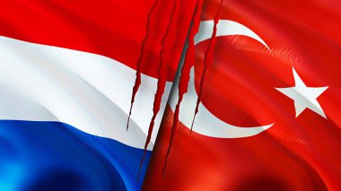 Hollanda ve Türkiye yara izi kavramına sahip bayraklar. Dalgalanan bayrak, 3 boyutlu görüntüleme. Hollanda ve Türkiye çatışması konsepti. Hollanda Türkiye ilişkileri kavramı. Hollanda bayrağı ve Türkiye krizi, savaş