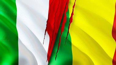 İtalya ve Mali yara izi kavramına sahip bayraklar. Dalgalanan bayrak, 3 boyutlu görüntüleme. İtalya ve Mali çatışma konsepti. İtalya Mali ilişkileri kavramı. İtalya bayrağı ve Mali krizi, savaş, saldırı konsepti
