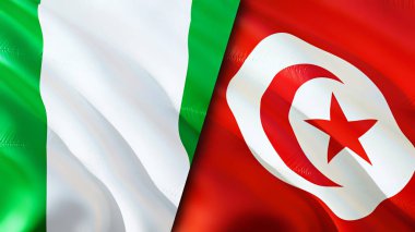 Nijerya ve Tunus bayrakları. 3 boyutlu dalgalanan bayrak tasarımı. Nijerya Tunus bayrağı, resim, duvar kağıdı. Nijerya Tunus 'a karşı, görüntü 3 boyutlu. Nijerya Tunus ilişkileri ittifak ve ticaret, seyahat, turizm konsepti