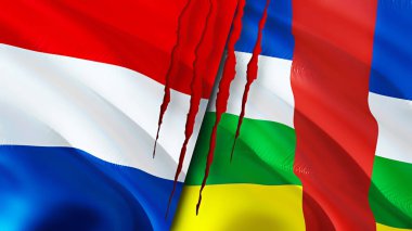 Hollanda ve Orta Afrika Cumhuriyeti yara izi kavramına sahip bayraklar. Dalgalanan bayrak, 3 boyutlu görüntüleme. Hollanda ve Orta Afrika Cumhuriyeti çatışma konsepti. Hollanda Orta Afrika Cumhuriyeti ilişkileri