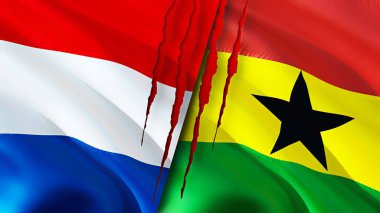 Hollanda ve Gana bayraklarında yara izi var. Dalgalanan bayrak, 3 boyutlu görüntüleme. Hollanda ve Gana çatışma konsepti. Hollanda Gana ilişkileri kavramı. Hollanda bayrağı ve Gana krizi, savaş, attac