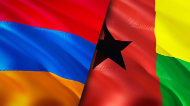 Ermenistan ve Gine Bissau bayrakları. 3 boyutlu dalgalanan bayrak tasarımı. Ermenistan Gine Bissau bayrağı, resim, duvar kağıdı. Ermenistan, Gine Bissau 'ya karşı, görüntü 3 boyutlu. Ermenistan Gine Bissau İlişkiler Birliği