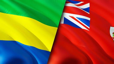 Gabon ve Bermuda bayrakları. 3 boyutlu dalgalanan bayrak tasarımı. Gabon Bermuda bayrağı, resim, duvar kağıdı. Gabon, Bermuda 'ya karşı, görüntü 3 boyutlu. Gabon Bermuda ilişkileri ittifak ve ticaret, seyahat, turizm konsepti