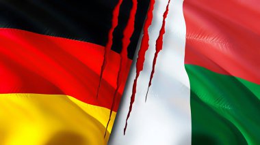 Almanya ve Madagaskar bayraklarında yara izi var. Dalgalanan bayrak, 3 boyutlu görüntüleme. Almanya ve Madagaskar çatışma konsepti. Almanya Madagaskar ilişkileri kavramı. Almanya bayrağı ve Madagaskar krizi, savaş