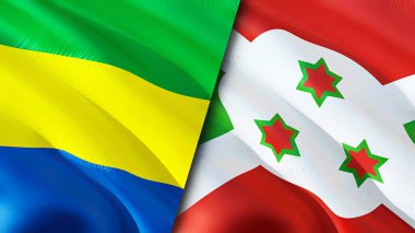 Gabon ve Burundi bayrakları. 3 boyutlu dalgalanan bayrak tasarımı. Gabon Burundi bayrağı, resim, duvar kağıdı. Gabon, Burundi 'ye karşı, görüntü 3 boyutlu. Gabon Burundi ilişkileri ittifak ve ticaret, seyahat, turizm konsepti