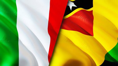 İtalya ve Nevis Adası bayrakları. 3 boyutlu dalgalanan bayrak tasarımı. İtalya Nevis Adası bayrağı, resim, duvar kağıdı. İtalya, Nevis Island 'a karşı, görüntü 3D. İtalya Nevis Adası ilişkileri