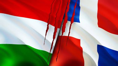 Macaristan ve Dominik Cumhuriyeti yara izi kavramına sahip bayraklar. Dalgalanan bayrak, 3 boyutlu görüntüleme. Macaristan ve Dominik Cumhuriyeti çatışma konsepti. Macaristan Dominik Cumhuriyeti ilişkileri kavramı. Macaristan bayrağı