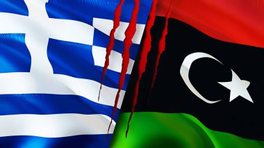 Yunanistan ve Libya yara izi kavramına sahip bayraklar. Dalgalanan bayrak, 3 boyutlu görüntüleme. Yunanistan ve Libya çatışma konsepti. Yunanistan Libya ilişkileri kavramı. Yunanistan ve Libya krizi bayrağı, savaş, saldırı konsepti