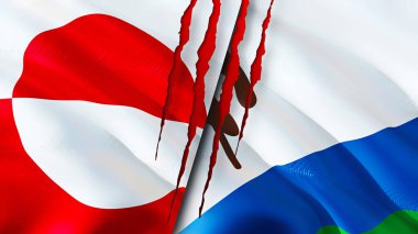 Grönland ve Lesotho bayrakları ve yara izi konsepti. Dalgalanan bayrak, 3 boyutlu görüntüleme. Grönland ve Lesotho çatışma konsepti. Grönland Lesotho ilişkileri kavramı. Grönland bayrağı ve Lesotho krizi, savaş, attac