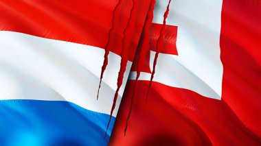 Yara izi olan Lüksemburg ve Tonga bayrakları. Dalgalanan bayrak, 3 boyutlu görüntüleme. Lüksemburg ve Tonga çatışma konsepti. Lüksemburg Tonga ilişkileri kavramı. Lüksemburg bayrağı ve Tonga krizi, savaş, attac