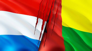 Yara izi olan Lüksemburg ve Gine Bissau bayrakları. Dalgalanan bayrak, 3 boyutlu görüntüleme. Lüksemburg ve Gine Bissau çatışma konsepti. Lüksemburg Gine Bissau ilişkileri kavramı. Lüksemburg bayrağı