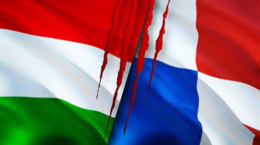 Macaristan ve Panama bayraklarında yara izi var. Dalgalanan bayrak, 3 boyutlu görüntüleme. Macaristan ve Panama çatışma konsepti. Macaristan Panama ilişkileri kavramı. Macaristan bayrağı ve Panama krizi, savaş, saldırı konsepti