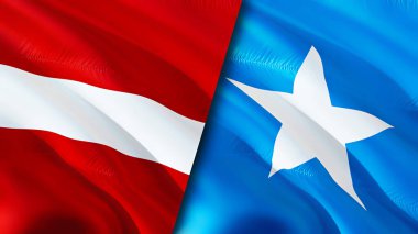 Letonya ve Somali bayrakları. 3 boyutlu dalgalanan bayrak tasarımı. Letonya Somali bayrağı, resim, duvar kağıdı. Letonya, Somali imajına karşı, 3 boyutlu görüntüleme. Letonya Somali ilişkileri ittifak ve ticaret, seyahat, turizm konsepti