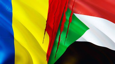 Romanya ve Sudan bayrakları. 3 boyutlu dalgalanan bayrak tasarımı. Romanya Sudan bayrağı, resim, duvar kağıdı. Romanya Sudan 'a karşı, görüntü 3 boyutlu. Romanya Sudan ilişkileri ittifak ve ticaret, seyahat ve turizm consepti