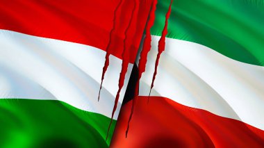 Macaristan ve Kuveyt bayraklarında yara izi var. Dalgalanan bayrak, 3 boyutlu görüntüleme. Macaristan ve Kuveyt çatışma konsepti. Macaristan Kuveyt ilişkileri kavramı. Macaristan ve Kuveyt bayrağı kriz, savaş, saldırı konsepti