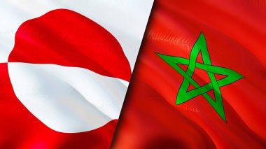Grönland ve Fas bayrakları. 3 boyutlu dalgalanan bayrak tasarımı. Grönland Fas bayrağı, resim, duvar kağıdı. Grönland, Fas 'a karşı, görüntü 3 boyutlu. Grönland Fas ilişkileri ittifak ve ticaret, seyahat, turnuva