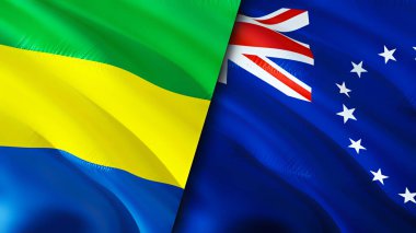 Gabon ve Cook Adaları bayrakları. 3 boyutlu dalgalanan bayrak tasarımı. Gabon Cook Adaları bayrağı, resim, duvar kağıdı. Gabon, Cook Adaları 'na karşı. Görüntü 3 boyutlu. Gabon Cook Adaları İlişkiler Birliği