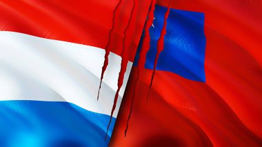 Yara izi olan Lüksemburg ve Samoa bayrakları. Dalgalanan bayrak, 3 boyutlu görüntüleme. Lüksemburg ve Samoa çatışma konsepti. Lüksemburg Samoa ilişkileri kavramı. Lüksemburg bayrağı ve Samoa krizi, savaş, attac