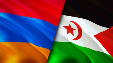 Ermenistan ve Batı Sahra bayrakları. 3 boyutlu dalgalanan bayrak tasarımı. Ermenistan Batı Sahra bayrağı, resim, duvar kağıdı. Batı Sahra 'ya karşı Ermenistan, görüntü 3 boyutlu. Ermenistan Batı Sahra ilişkileri