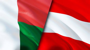 Madagaskar ve Avusturya bayrakları. 3 boyutlu dalgalanan bayrak tasarımı. Madagaskar Avusturya bayrağı, resim, duvar kağıdı. Madagaskar Avusturya 'ya karşı 3 boyutlu görüntüleme. Madagaskar Avusturya ilişkileri