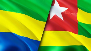 Gabon ve Togo bayrakları. 3 boyutlu dalgalanan bayrak tasarımı. Gabon Togo bayrağı, resim, duvar kağıdı. Gabon Togo 'ya karşı, görüntü 3 boyutlu. Gabon Togo ilişkileri ittifak ve ticaret, seyahat, turizm konsepti