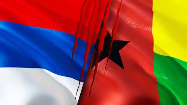 Sırbistan ve Gine Bissau yara izi kavramına sahip bayraklar. Dalgalanan bayrak, 3 boyutlu görüntüleme. Sırbistan ve Gine Bissau ihtilaf kavramı. Sırbistan Gine Bissau ilişkileri kavramı. Sırbistan ve Gine Bissa bayrağı