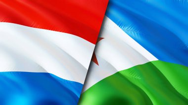 Lüksemburg ve Cibuti bayrakları. 3 boyutlu dalgalanan bayrak tasarımı. Lüksemburg Cibuti bayrağı, resim, duvar kağıdı. Lüksemburg, Cibuti imajına karşı, 3D görüntüleme. Lüksemburg Cibuti ilişkileri ittifakı