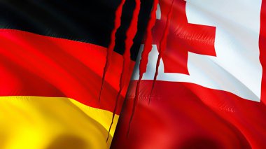 Yara izi olan Almanya ve Tonga bayrakları. Dalgalanan bayrak, 3 boyutlu görüntüleme. Almanya ve Tonga çatışma konsepti. Almanya Tonga ilişkileri kavramı. Almanya bayrağı ve Tonga krizi, savaş, saldırı konsepti