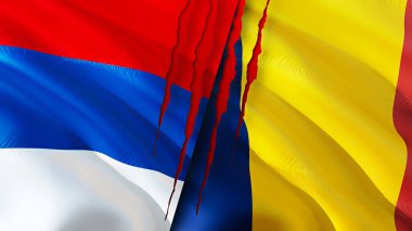 Sırbistan ve Çad yara izi kavramına sahip bayraklar. Dalgalanan bayrak, 3 boyutlu görüntüleme. Sırbistan ve Çad çatışma konsepti. Sırbistan Çad ilişkileri kavramı. Sırbistan ve Çad 'ın bayrağı kriz, savaş, saldırı konsepti