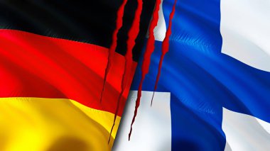 Yara izi olan Almanya ve Finlandiya bayrakları. Dalgalanan bayrak, 3 boyutlu görüntüleme. Almanya ve Finlandiya çatışma konsepti. Almanya-Finlandiya ilişkileri. Almanya ve Finlandiya bayrağı krizi, savaş, saldırı konsepti