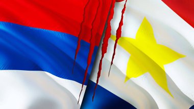 Sırbistan ve Saba Adası yara izi kavramına sahip bayraklar. Dalgalanan bayrak, 3 boyutlu görüntüleme. Sırbistan ve Saba Adası ihtilaf kavramı. Sırbistan Saba Adası ilişkileri kavramı. Sırbistan bayrağı ve Saba Adası krizi, savaş