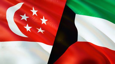 Singapur ve Kuveyt bayrakları. 3 boyutlu dalgalanan bayrak tasarımı. Singapur Kuveyt bayrağı, resim, duvar kağıdı. Singapur Kuveyt 'e karşı, görüntü 3 boyutlu. Singapur Kuveyt ilişkileri ittifak ve ticaret, seyahat, turnuva