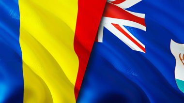 Romanya ve Anguilla bayrakları. 3 boyutlu dalgalanan bayrak tasarımı. Romanya Anguilla bayrağı, resim, duvar kağıdı. Romanya, Anguilla 'ya karşı, görüntü 3 boyutlu. Romanya Anguilla ilişkileri ittifak ve ticaret, seyahat, turnuva