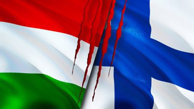 Macaristan ve Finlandiya yara izi kavramına sahip bayraklar. Dalgalanan bayrak, 3 boyutlu görüntüleme. Macaristan ve Finlandiya çatışma konsepti. Macaristan Finlandiya ilişkileri kavramı. Macaristan ve Finlandiya bayrağı krizi, savaş, saldırı konsepti