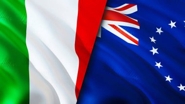 İtalya ve Cook Adaları bayrakları. 3 boyutlu dalgalanan bayrak tasarımı. İtalya Cook Adaları bayrağı, resim, duvar kağıdı. İtalya, Cook Adaları 'na karşı. Görüntü 3D. İtalya Cook Adaları ilişkileri ittifakı