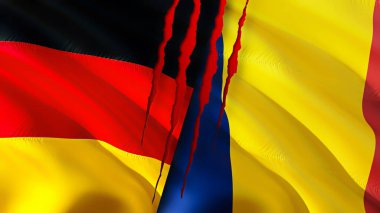 Almanya ve Çad yara izi olan bayraklar. Dalgalanan bayrak, 3 boyutlu görüntüleme. Almanya ve Çad çatışma konsepti. Almanya Çad ilişkileri kavramı. Almanya bayrağı ve Çad krizi, savaş, saldırı konsepti