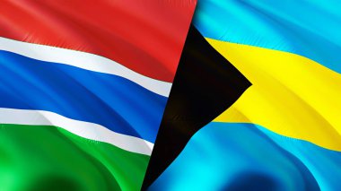 Gambiya ve Bahamalar bayrakları. 3 boyutlu dalgalanan bayrak tasarımı. Gambiya Bahama bayrağı, resim, duvar kağıdı. Gambiya, Bahamalar 'a karşı, görüntü 3 boyutlu. Gambiya Bahamalar ilişkileri ittifak ve ticaret, seyahat, turizm konsepti