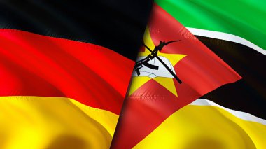 Almanya ve Mozambik bayrakları. 3 boyutlu dalgalanan bayrak tasarımı. Almanya Mozambik bayrağı, resim, duvar kağıdı. Almanya, Mozambik 'e karşı, görüntü 3 boyutlu. Almanya Mozambik ilişkileri bir ittifak