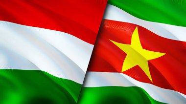Macaristan ve Surinam bayrakları. 3 boyutlu dalgalanan bayrak tasarımı. Macaristan Surinam bayrağı, resim, duvar kağıdı. Macaristan Surinam 'a karşı, görüntü 3 boyutlu. Macaristan Surinam ilişkileri ittifak ve ticaret, seyahat, turnuva